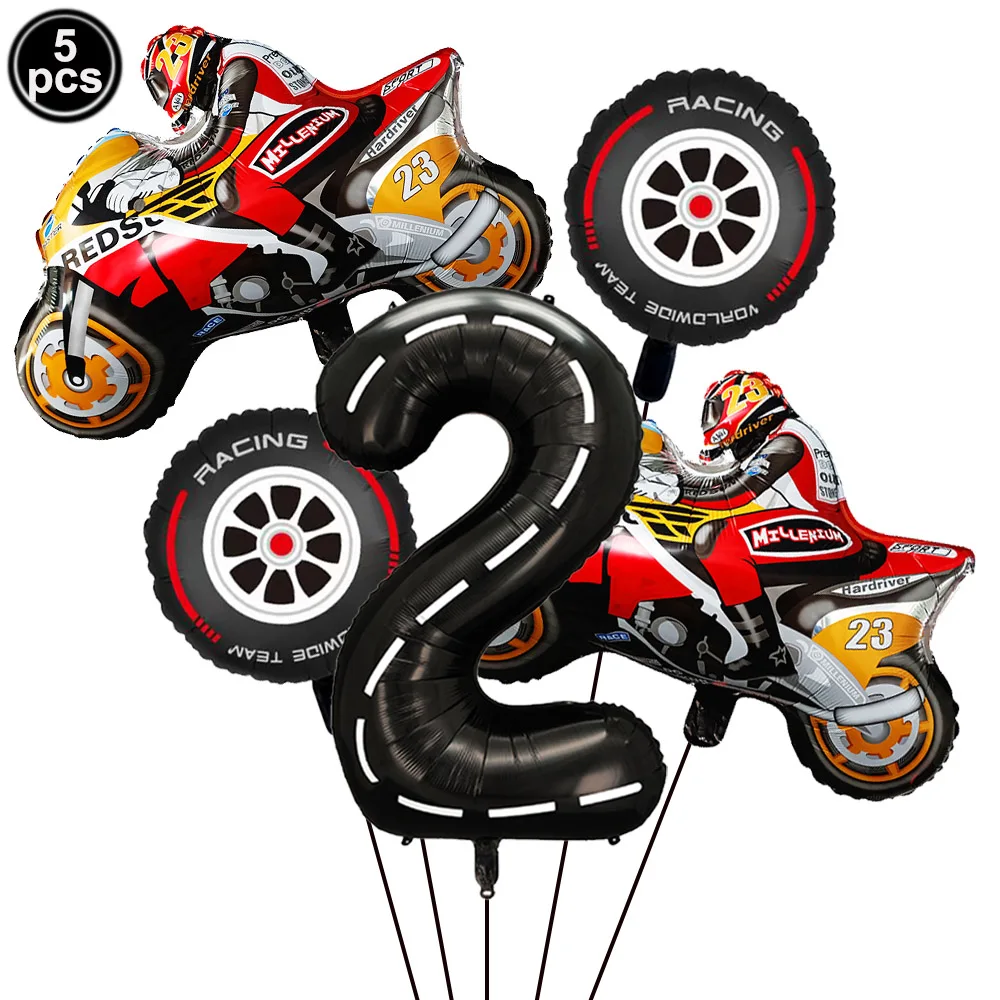 5Pcs Motorcycle Foil Balloon Black Number Motorcycle Wheel Tire Balloon Boys 5th Birthday Party Racing Car Theme Party Decor