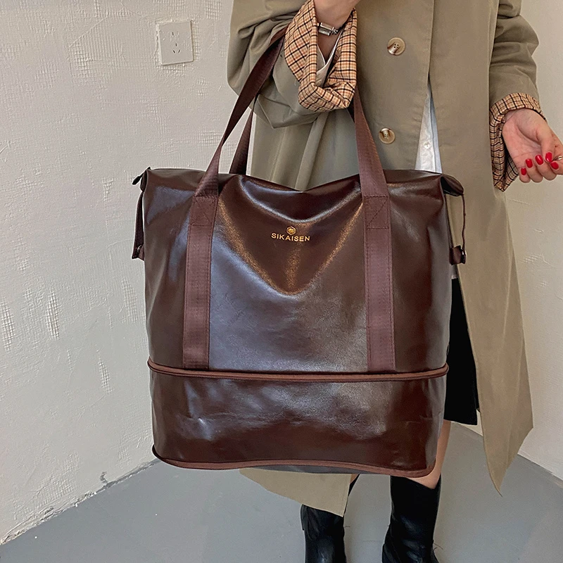 Expandable PU Leather Travel Duffel Bag for Women Men, Large Weekender Bag with Separate Bottom Compartment