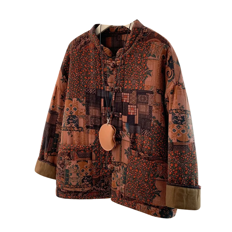 Thiened コットンリネンプリント女性のオルトコートスタンドカラー暖かい冬ジャエット小さなアウタートップアンチエイジング綿の服