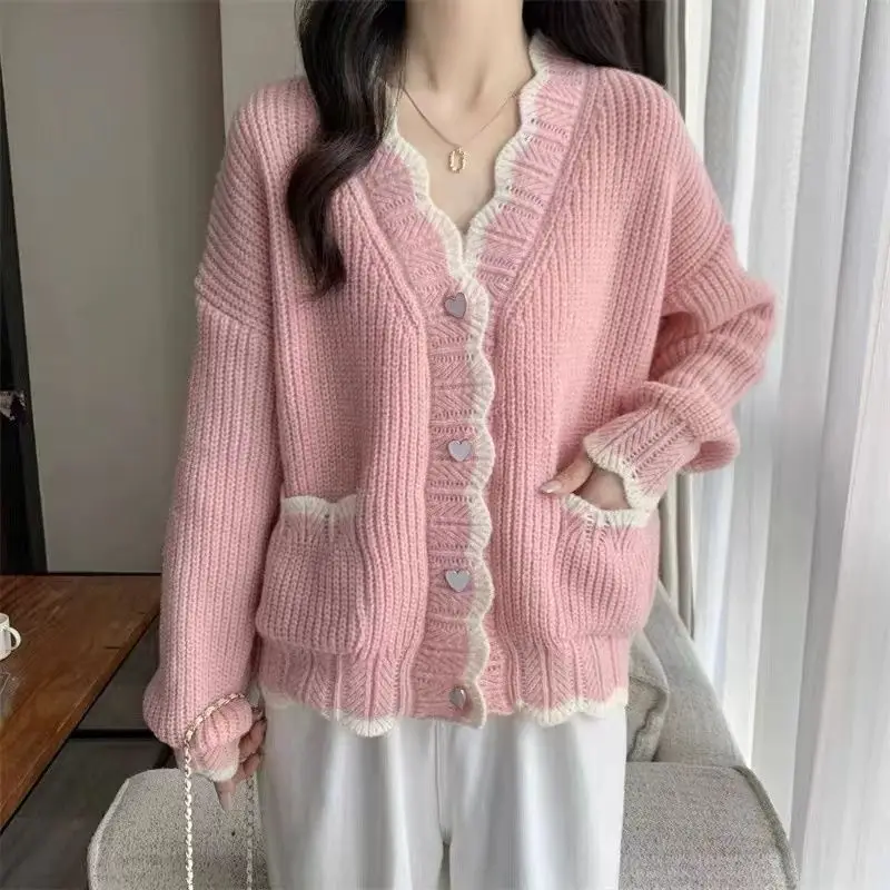 Fashion V-Neck Button Pockets Loose Ruffles Cardigan Sweaters Women's Clothing 2023 Autumn Winter Oversized Knitted Sweet Tops