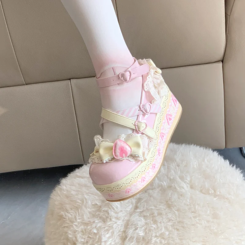 Female Students Sweet Strawberry Lace Bowknots Mary Janes Elevator Shoes Lovely Girls Lolita Flat Platform,