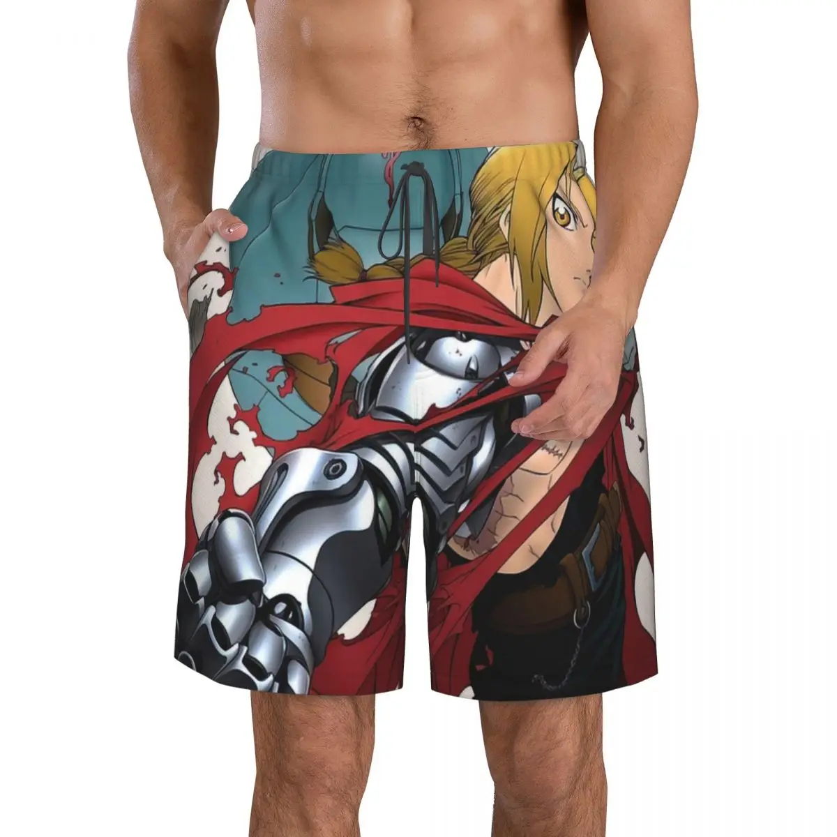 Full Metal Alchemist Men's Beach Shorts Fitness Quick-drying Swimsuit Funny Street Fun 3D Shorts