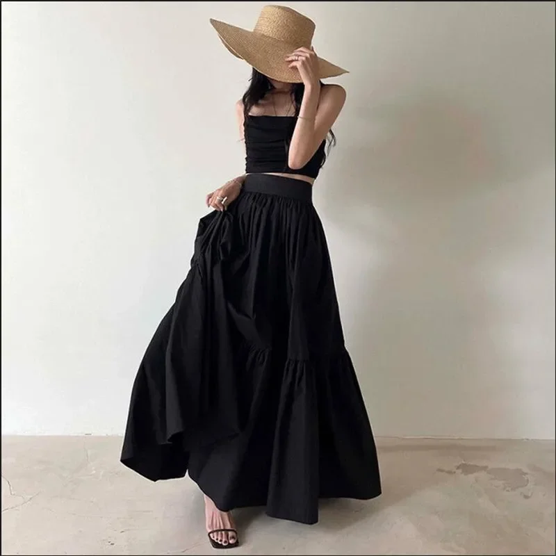 Summer Holiday Fashion Sexy 2 Piece Dress Sets Black Apricot Short Camis Tank Top&High Waist A Line Long Skirt Boho 2pc Suits