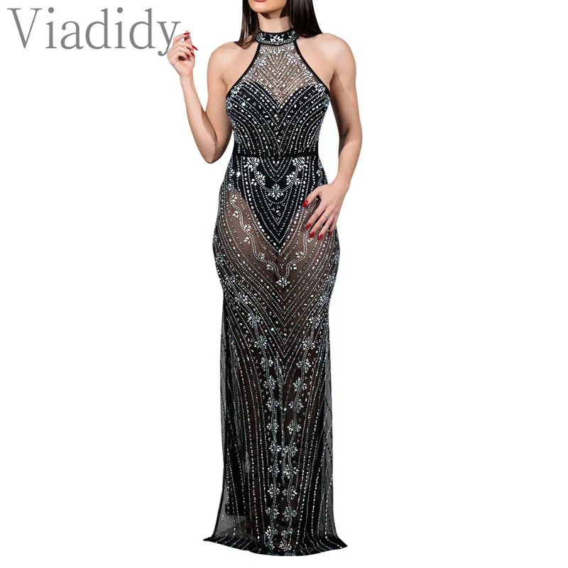 

Women Sexy See Through Sheer Mesh Sleeveless Zipper Back Rhinestone Design Floor-length Party Dress