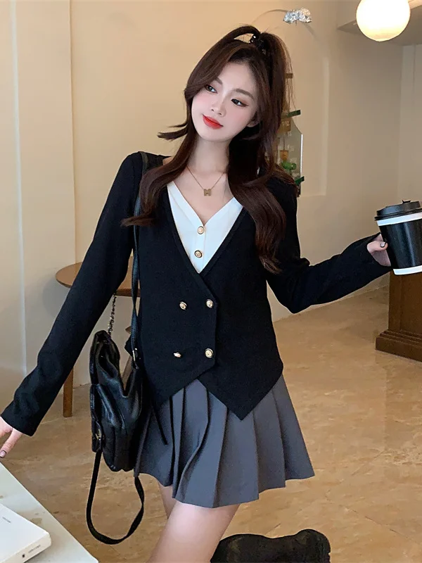 

plus Size Women's Knitted V-Neck Color Block Slimming Long Sleeve Top Spring Fashionable Casual Wear Commute Style