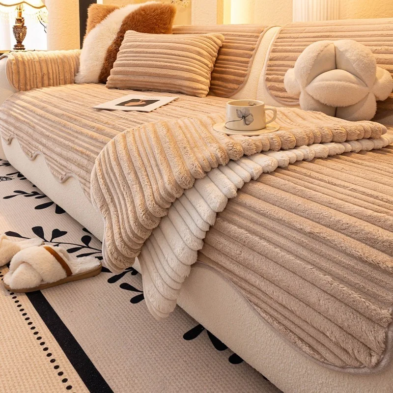Cream Aesthetic Irregular Edged Quilting Sofa Cushion Thickened Horizontal Stripe Plush Velvet Non-Slip Sofa Dust Cover Seat Pad