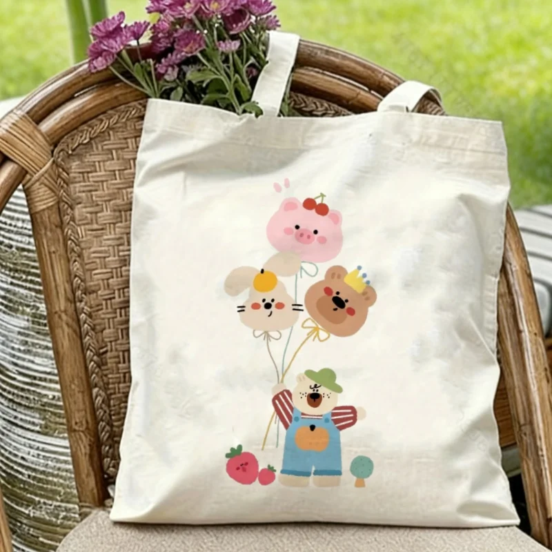 

1PC Cute Bear with Animal Balloons Canvas Tote Eco-friendly Reusable Shoulder Bag