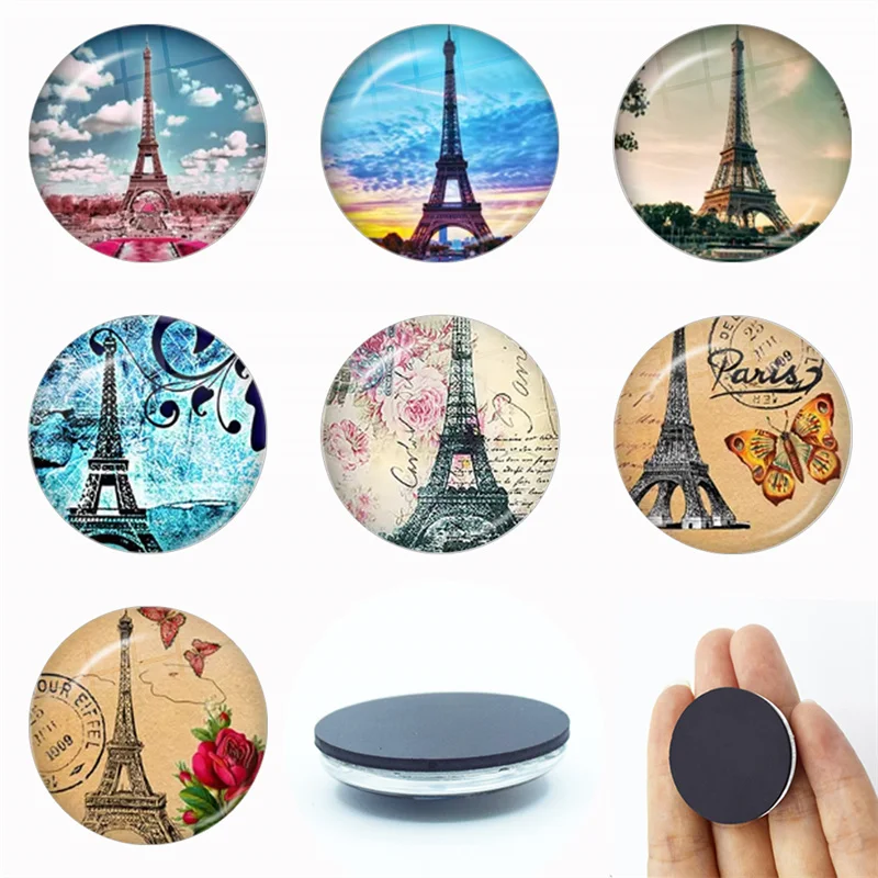 Romantic Paris Eiffel Tower Key Chains Art Lady Drawing Design 30MM Glass Refrigerator Magnet Crystal Magnet Home Decoration