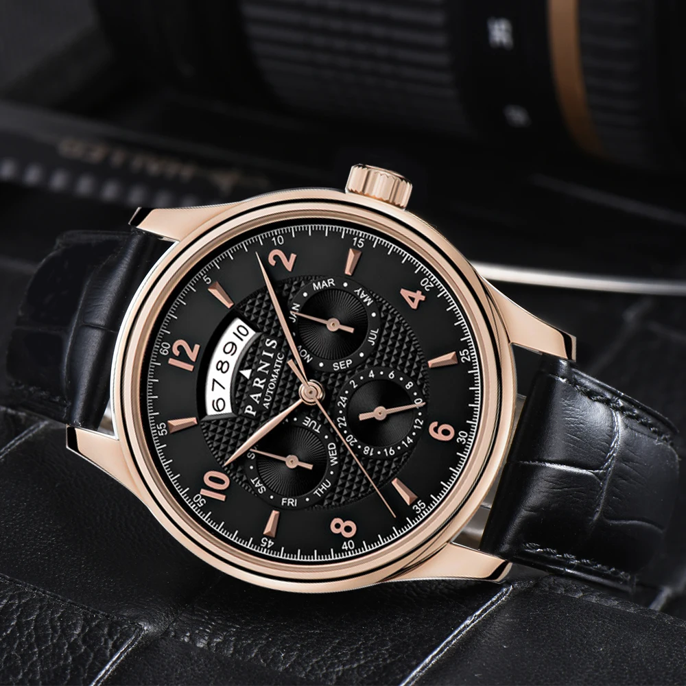 

Fashion Parnis 43mm Rose Gold Case Automatic Mechanical Men Watch Leather Strap Calendar Miyota Waterproof Men's Watches Gift