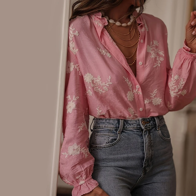 

OMSJ Spring Autumn Casual Loose Women's Shirt Vintage Floral Embroidered Single Breasted Lapel Lantern Sleeve Ruched Blouse Tops