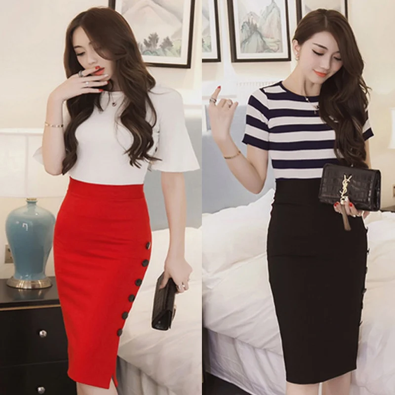 Women Elegant Slim Pencil Skirts High Waist Ladies Skirt Side Split Button Office Ladies Bodycon Fitted Skirts