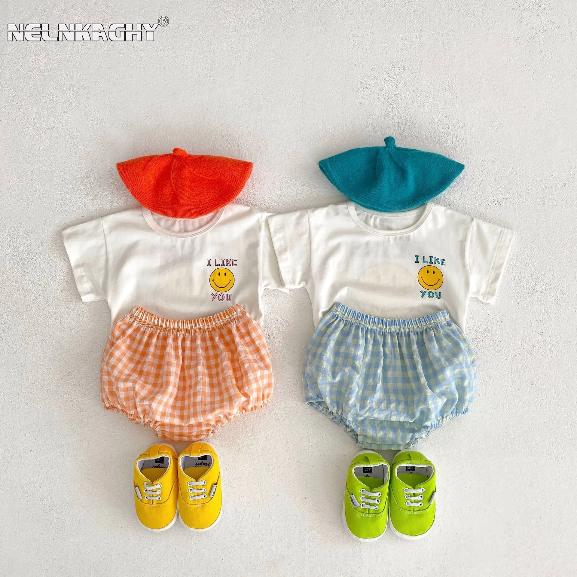 Two-Piece Outfit 아동복 유아복 Stylish Summer Set for Infant Kids Toddler : Smiling Face Print Short-Sleeve T-Shirt + Pliad Shorts