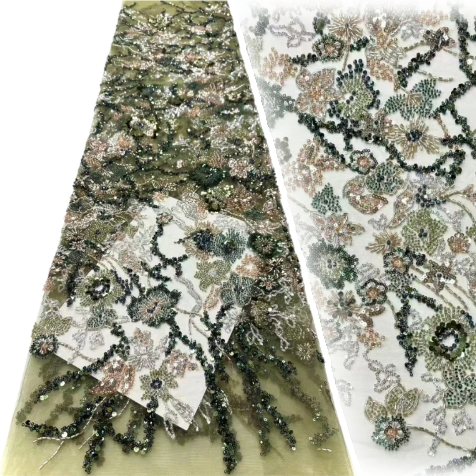 

Африканская кружевная ткань с блестками и жемчугом, 2026, высокое качество, французский тяжелый тюль с бисером, кружевная ткань, Нигерия для свадебного платья 1818