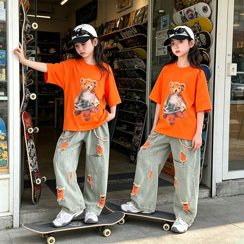 new teen girls ripped jeans cotton cartoon bear t-shirt junior kids wide-leg pants child clothes outfits cowboy cargo pants 4-14