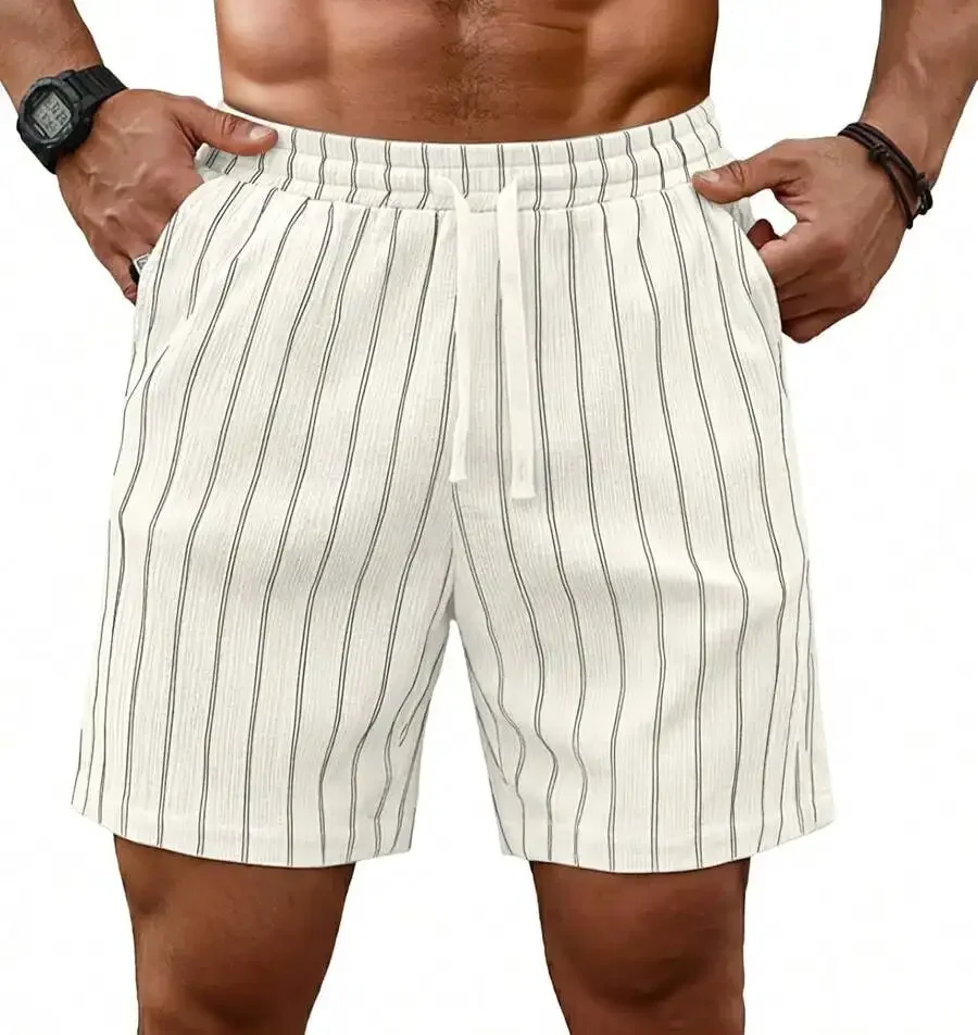 

Mens Striped Casual Shorts With Elastic Waist Drawstring And Pockets