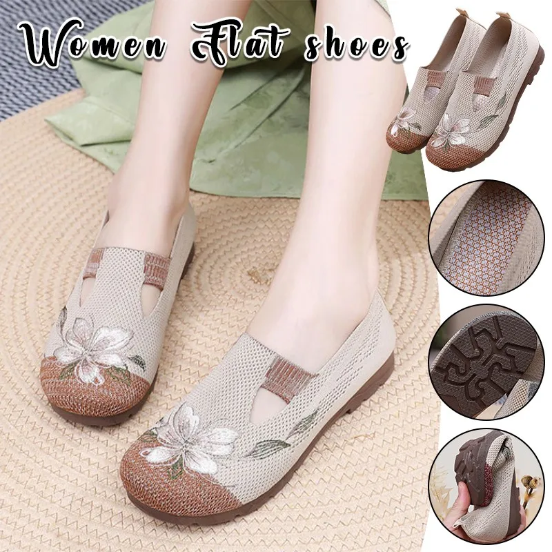 

Women's Flats Knitted Soft Sole Round Toe Embroidered Shoes Women Flat Shoes Non-Slip Slip-On Mom Flats Slip-on Muller