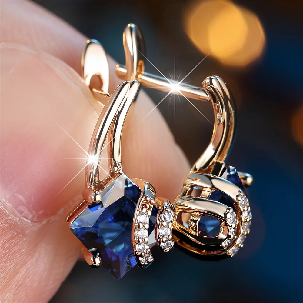 Charm Blue Crystal Geometric Square Stone Hoop Earrings For Women Vintage Gold Color Ear Buckle Wedding Jewelry Engagement Gifts