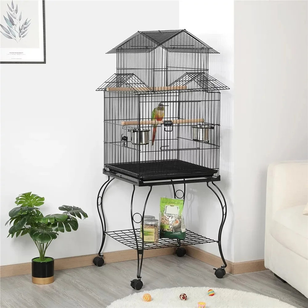 Large Metal Rolling Bird Cage Parrot Aviary Canary Pet Perch with Stand, Black