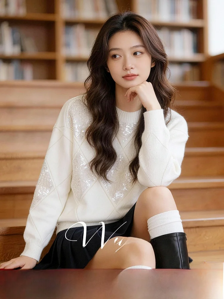 

Женский вязаный свитер Heavyweight iny Diamond, зимний свободный универсальный топ больших размеров с вырезами, круглый топ Ne Lo...