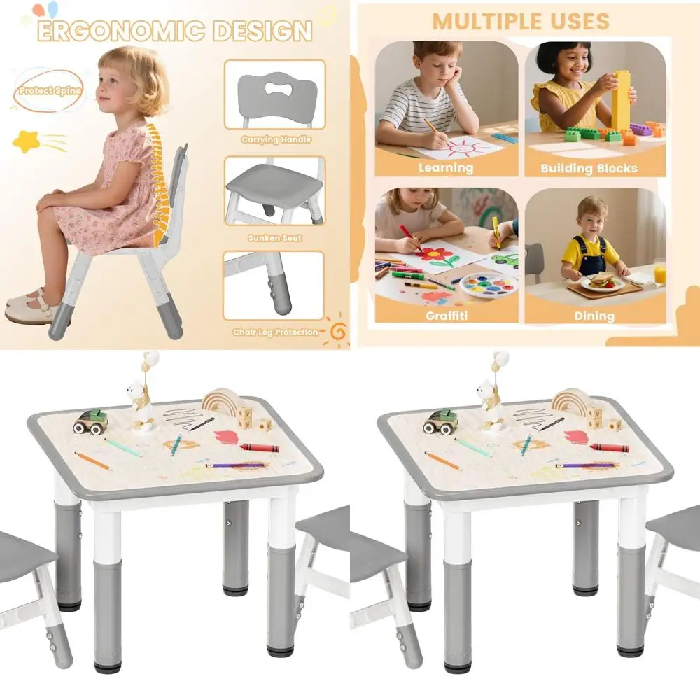 

Height-Adjustable Toddler Desk Set, 23.6 Square, Non-Slip, Graffiti-Ready, for Ages 2-8, Grey