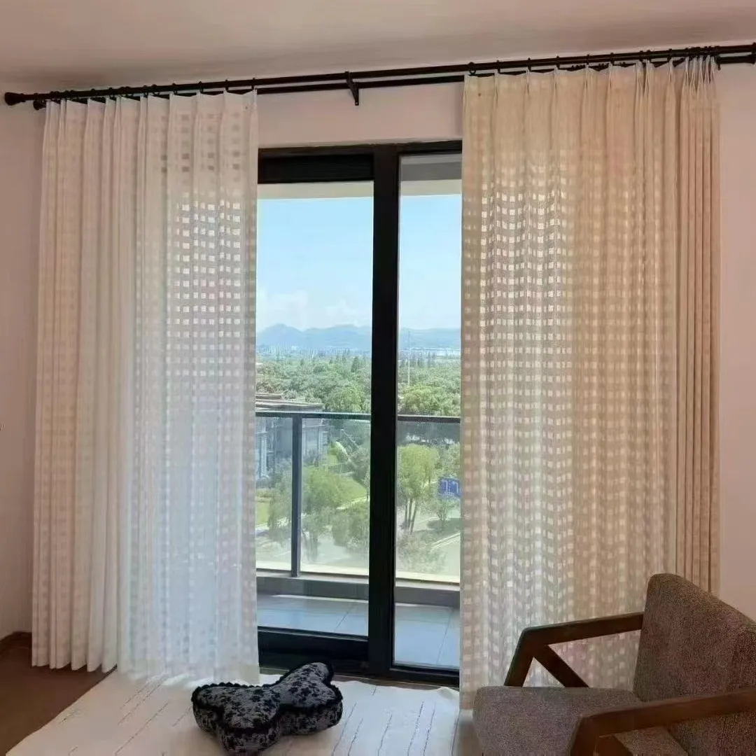 Checkered Cream Checkerboard Jacquard White Window Screen Living Room Bedroom Balcony Bay Window Customized Finished Product