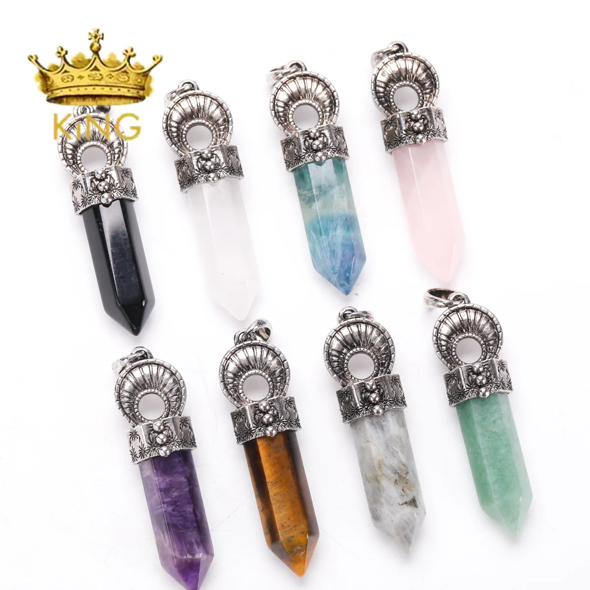 Vintage Silver Alloy Metal Point Shape Charms Natural Amethyst Shinny Stone Bead Crystal Pendants for Necklace image 2