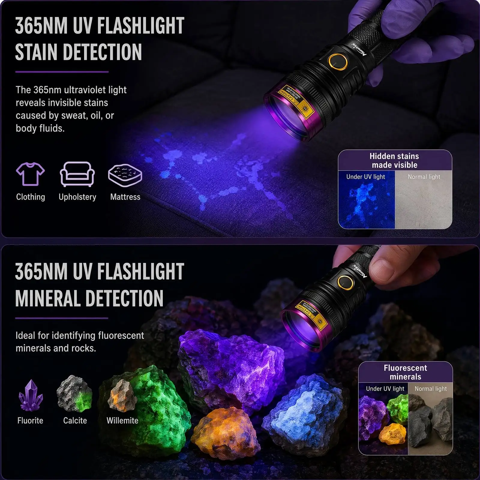 Alonefire SV18 365nm Hochleistungs-UV-Taschenlampe USB-Aufladbare Leuchte für Katzen- und Hundeurin, Tinea, Erz, Jade, Skorpion – Detail 3