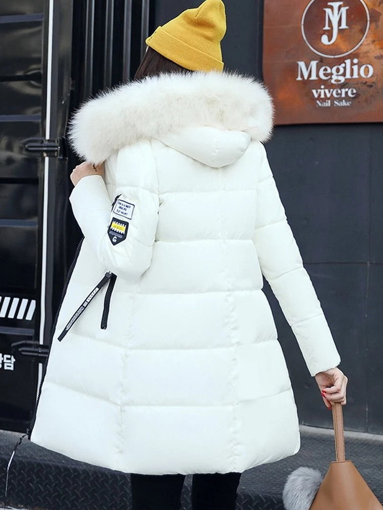 

Женское облегающее хлопковое пальто средней длины с большим меховым воротником, корейское пальто для поездок на работу, длинное свеч, застежка-молния