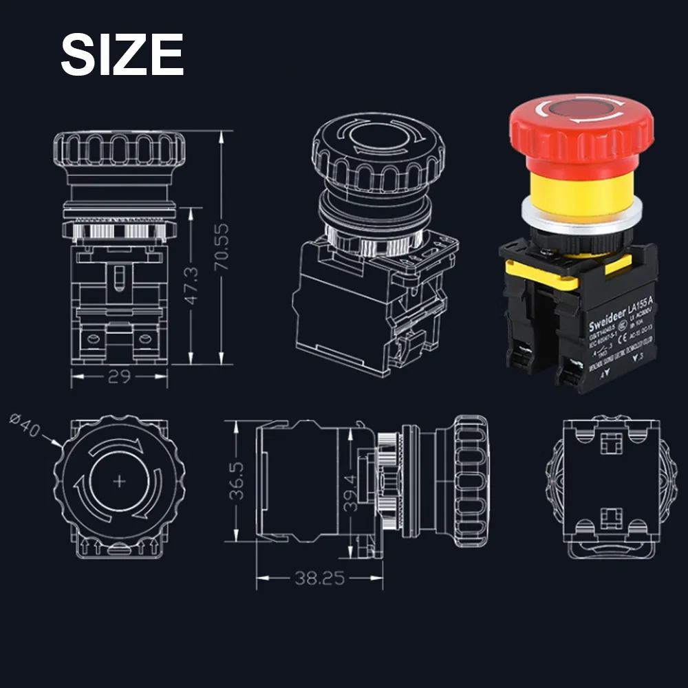 Emergency Stop Push Button Switch Mushroom Head Power Switch Control Electrical Starter 10A with Light 12V220V24V 30MM Buttons