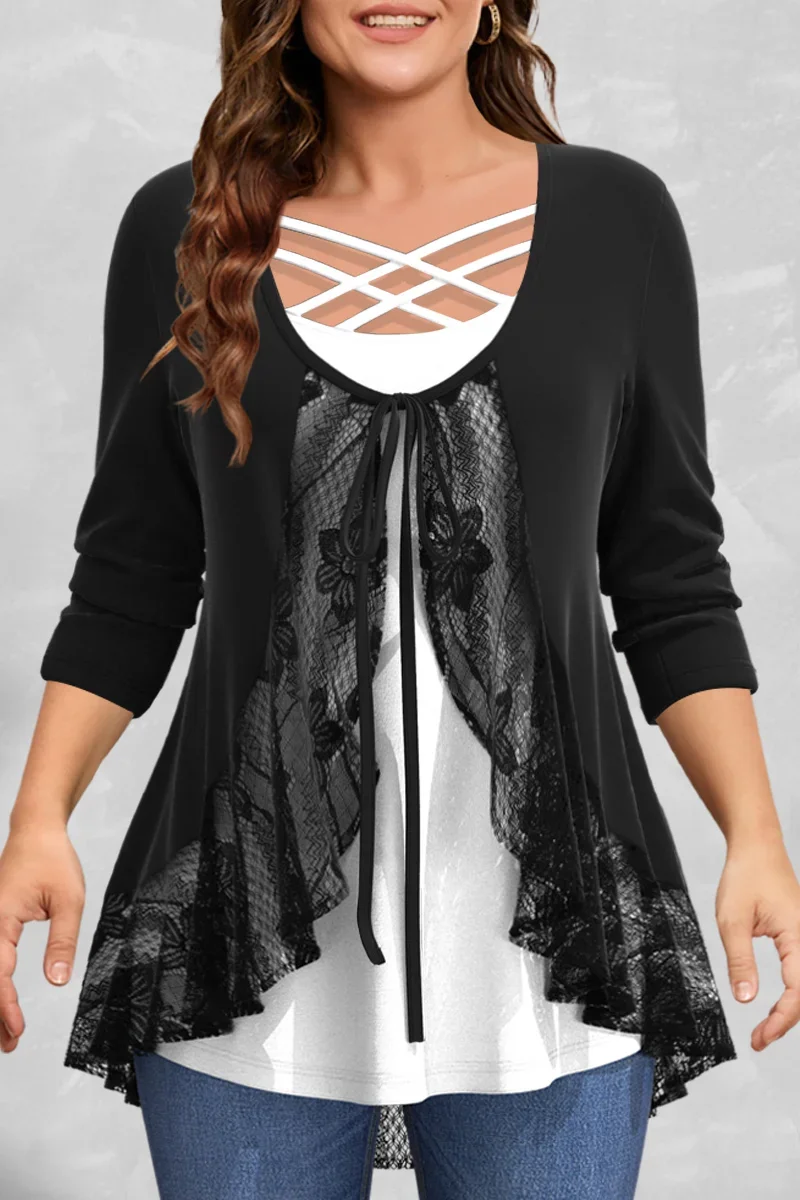 Plus Size Women\'s T shirt Lace Side Long Sleeve Hollow Out Patchwork Tee Top Casual Fake Two Piece Top for Spring Clothing 2024