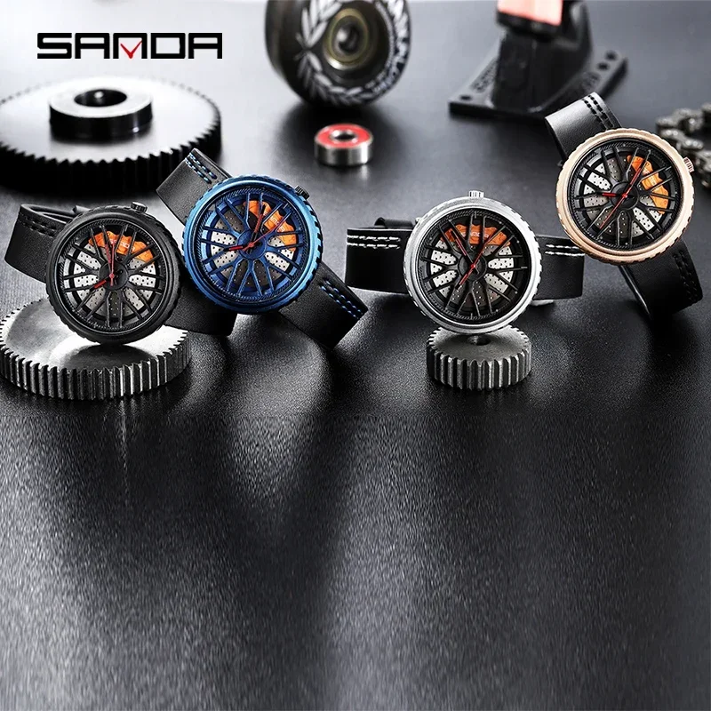 SANDA P1042 Men's Watches Rim Hub Wheel Wristwatches Male Clock Sport Car Custom Design Creative WristWatch Relogio Masculino