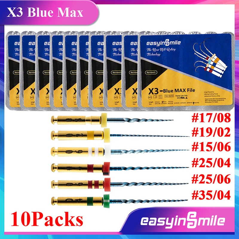 EASYINSMILE 60Pcs(10Pack) Dental Endodontic X3 Blue NITI File 25MM Root Canal Rotary Files For Motor Endo Treat Tips