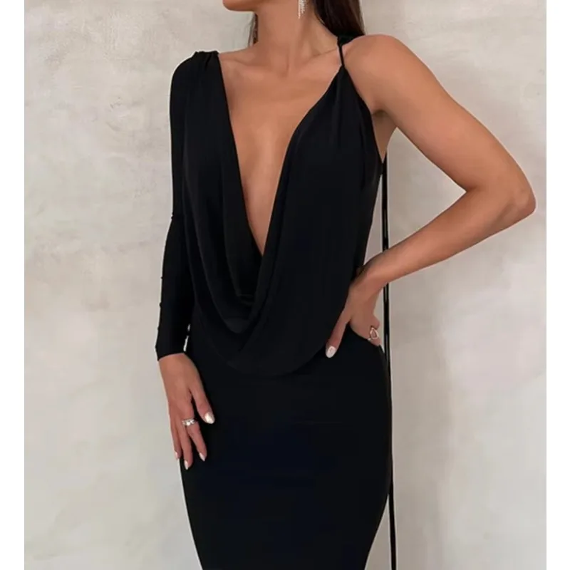 Elegant Backless Sexy Maxi Dress For Women Robe Spring New V Neck One Sleeve Lace-up Party Long Dress Vestido