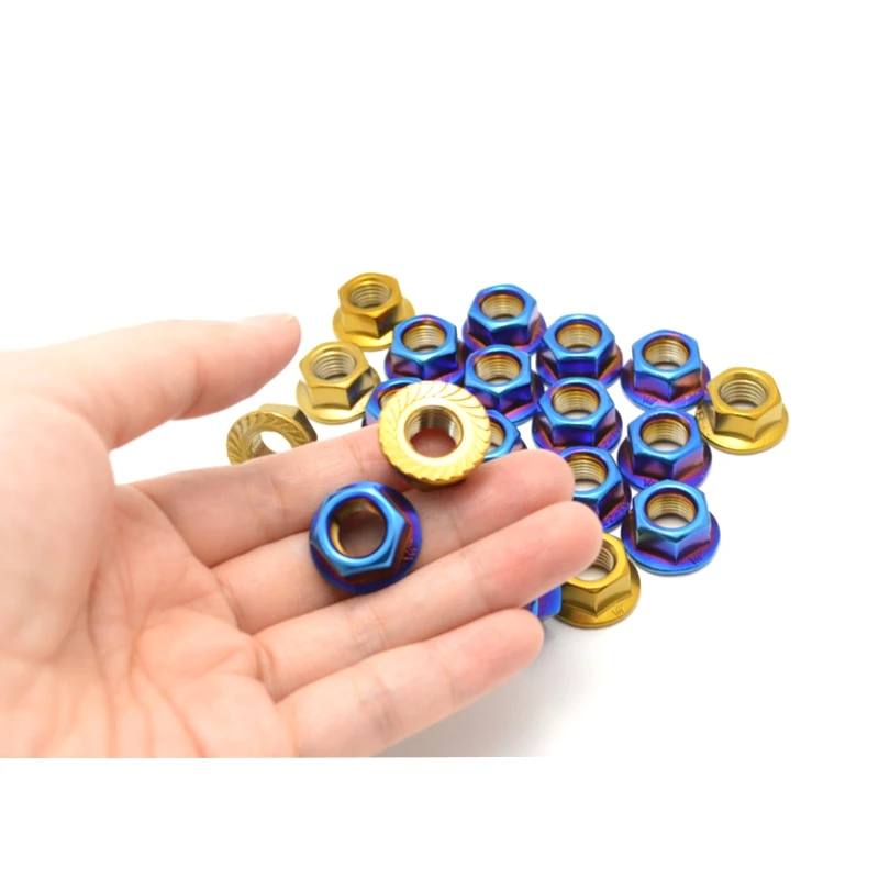 10PCS M4/M5/M6/M8/M10 x1.25/M10 x1.5/M10 x1.0 Stainless Steel Hex Nut Titanium Blue Flange Nut Motorcycle Rear Wheel Nut Bicycle image 2