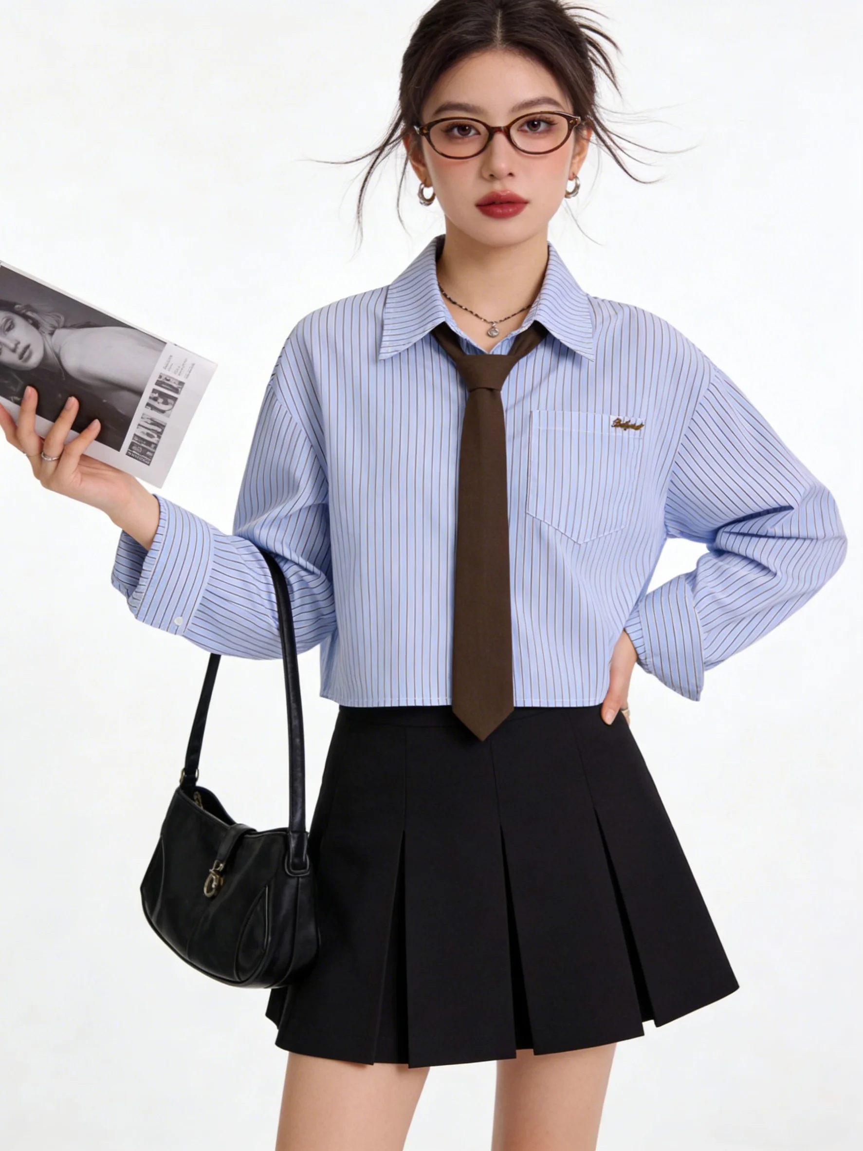 

Свободная рубашка в корейском стиле в полоску, с коротким и длинным рукавом, отложным воротником, открытый кардиган, синяя, весенняя новинка, женская