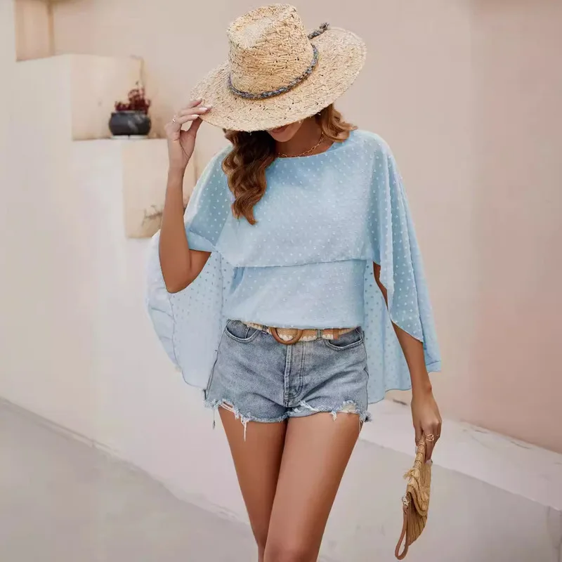 Summer New Elegant Women's Shawl Round Neck Loose Personalized Chiffon Shirt Top Shampooers Short T-shirt Kawaii Clothing Dreamy