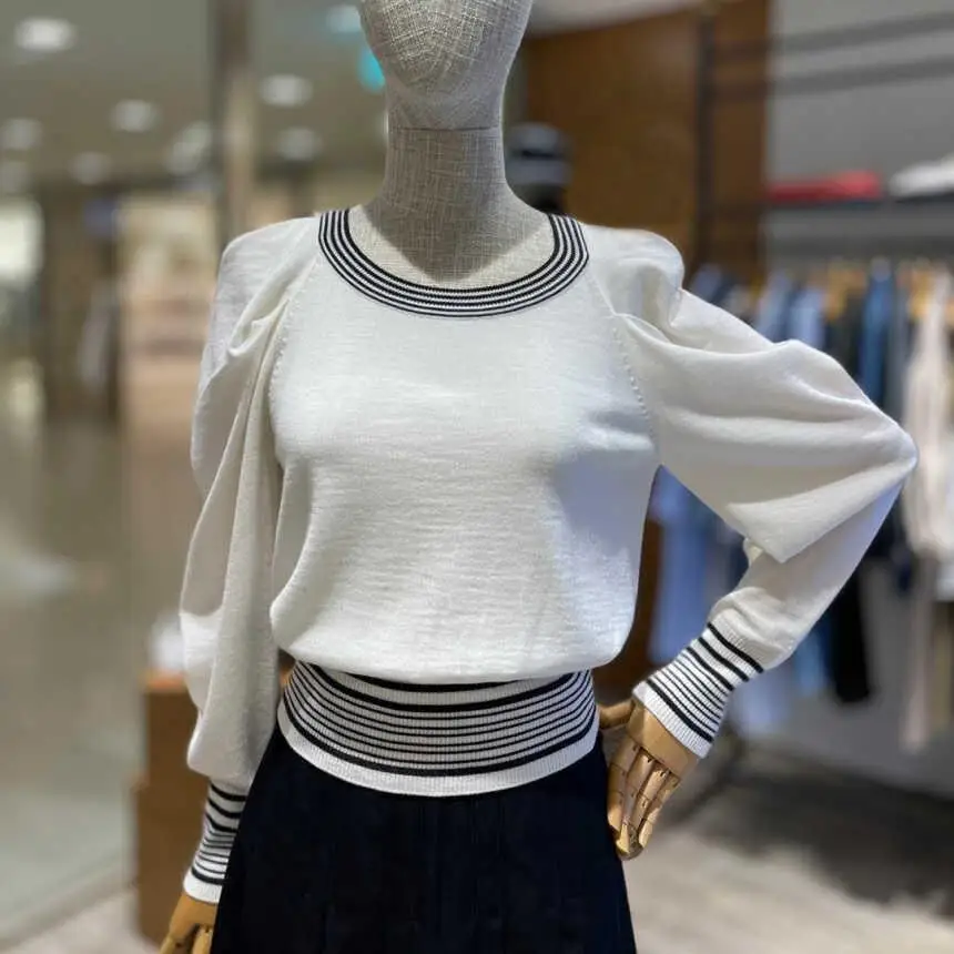 

Slimming Long Sve Knitted Sweater Striped Low round Ne Wool Blend Spring New Design Women's Faion Casual Comfortable Top