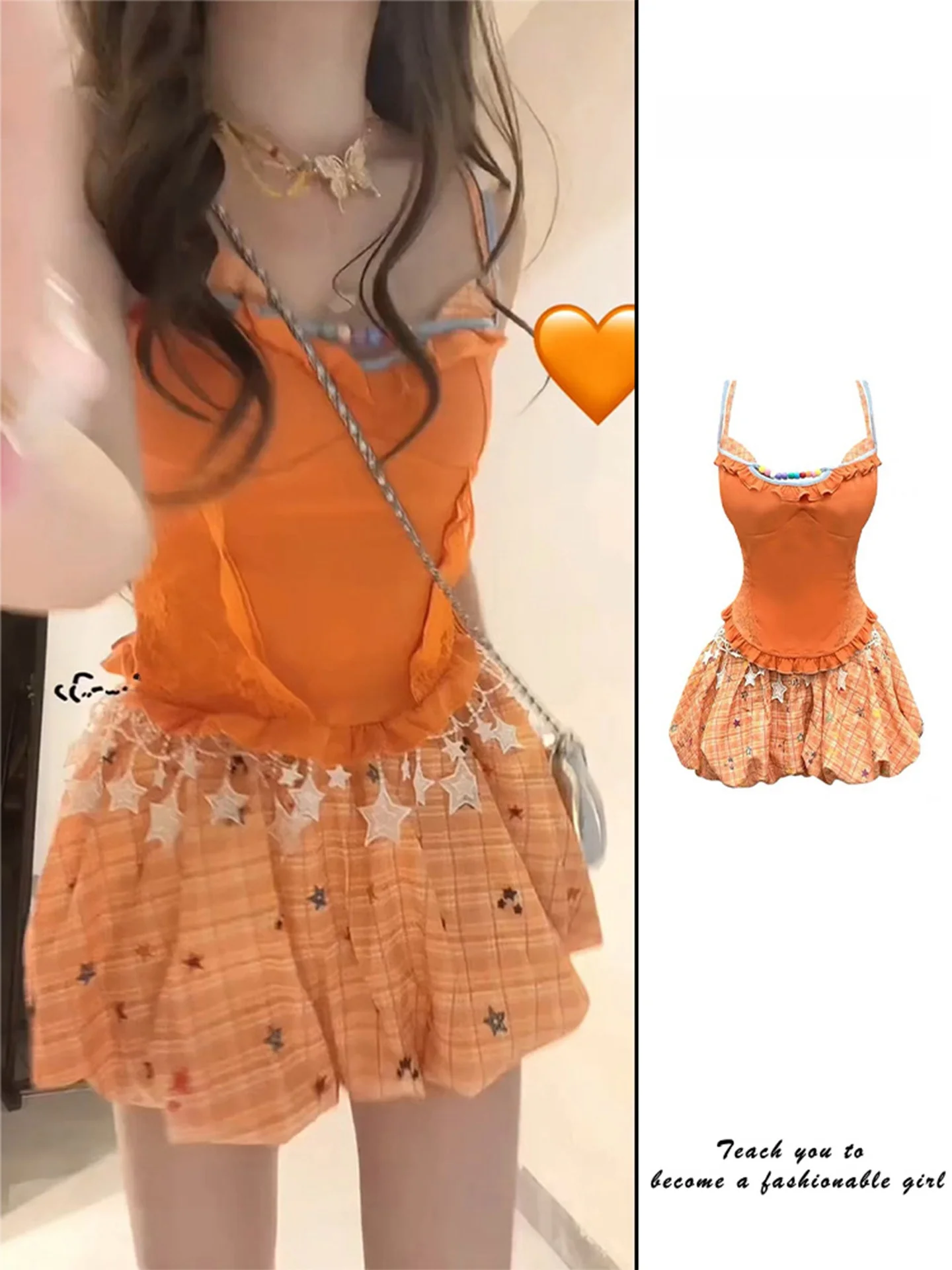 

Dopamine Summer Outfit Women's Sweet Orange Halter Top Plaid Skirt Two-Piece Set Fashionable Student Uniform