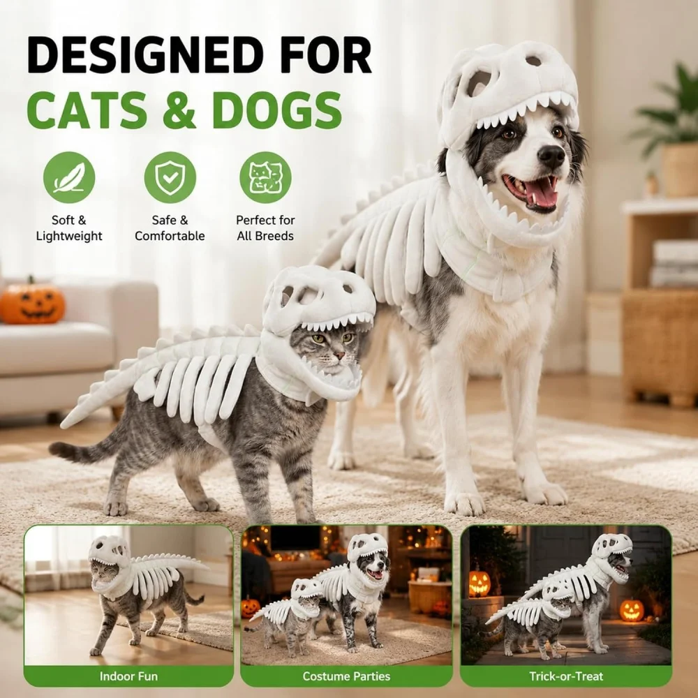 Costume di Halloween per animali domestici, realizzato in morbido peluche con cappuccio, modello 3D a forma di scheletro di T-Rex, ideale per feste e travestimenti, adatto a cani e gatti di piccola e