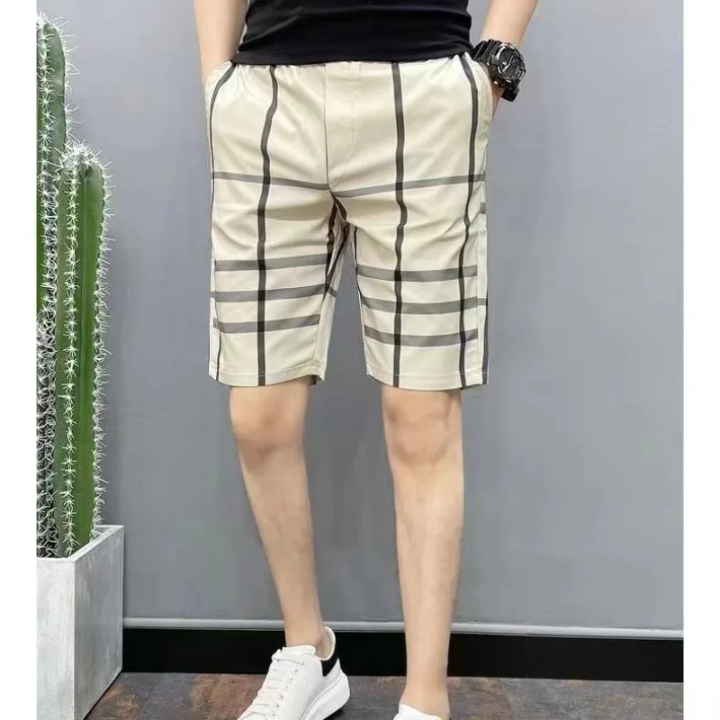 Calça de praia casual masculina, fina, moda de alta qualidade, xadrez fino, shorts de cinco minutos, roupas masculinas, verão