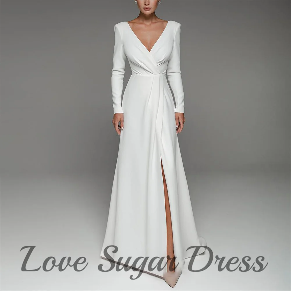 

A Line Pleated Wedding Dresses V Neck Full Sleeves Bridal Gowns Sexy Slit Back Zipper Bride Dress vestidos de novia