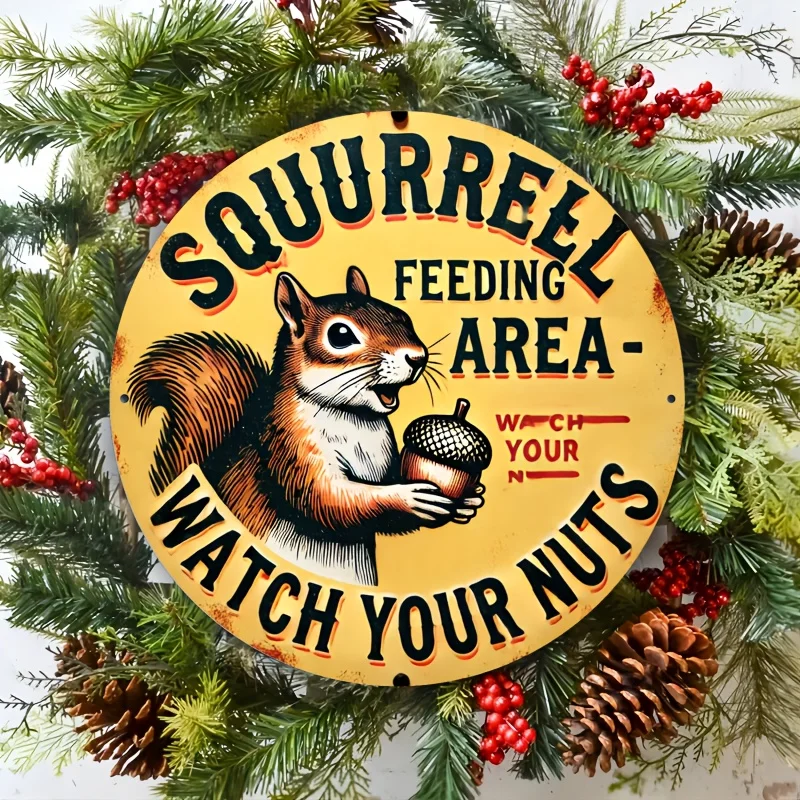 2D Flat, 2D Wall Art – Rundes Metallblechschild „Watch Your Nuts“, Vintage-Metallblechschild, dekoratives Poster für Zuhause, Bar, Club, Café