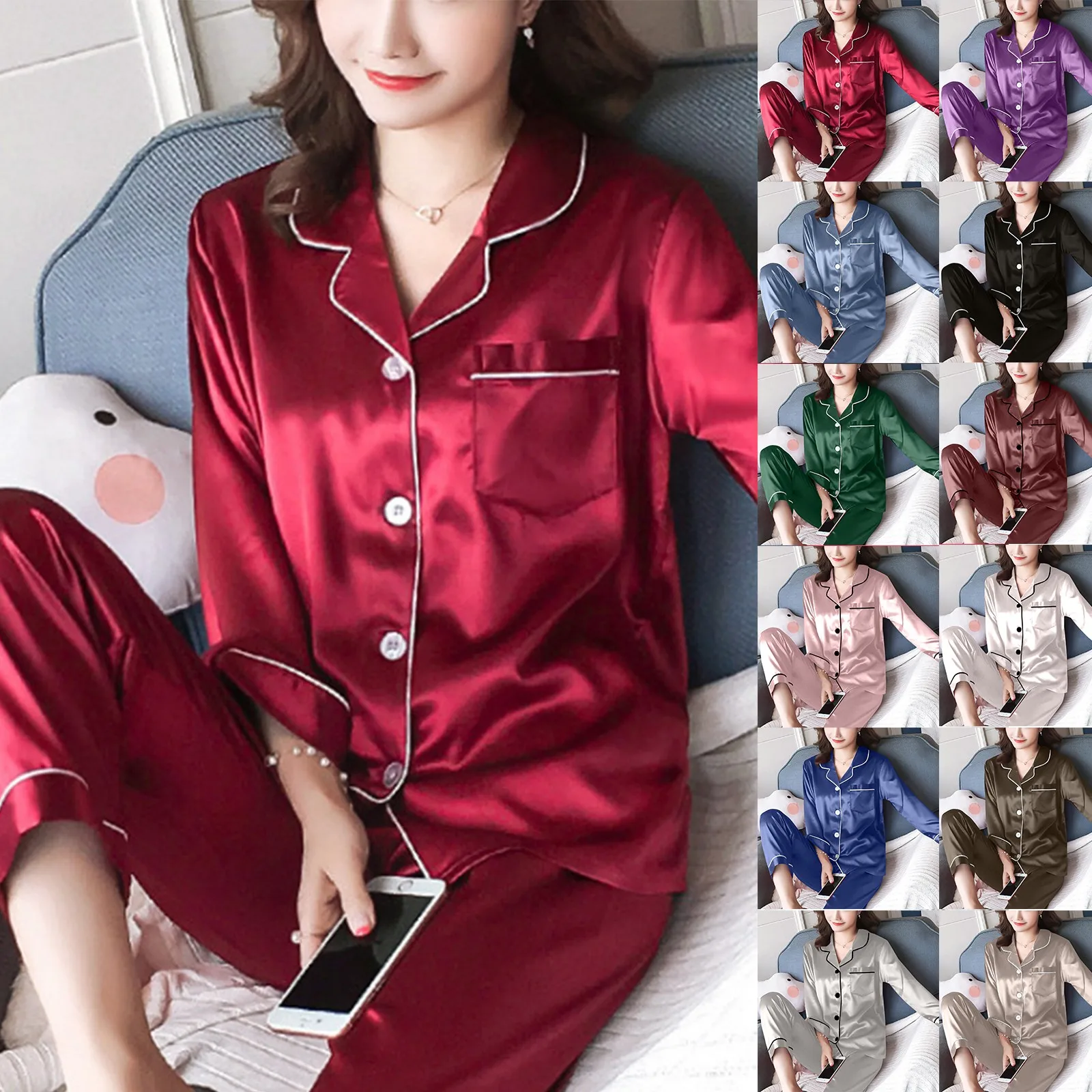 

Women Pijama Sets Sleepwear Long-sleeve Cardigan Set Women Pajamas Sets Sexy Silk Polyester Female Pyjamas Home Clothing