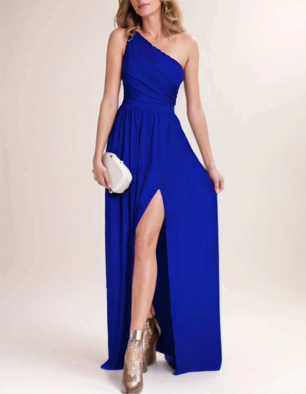Elegant Simple Solid Color One Shoulder Split Long Formal Evening Dress