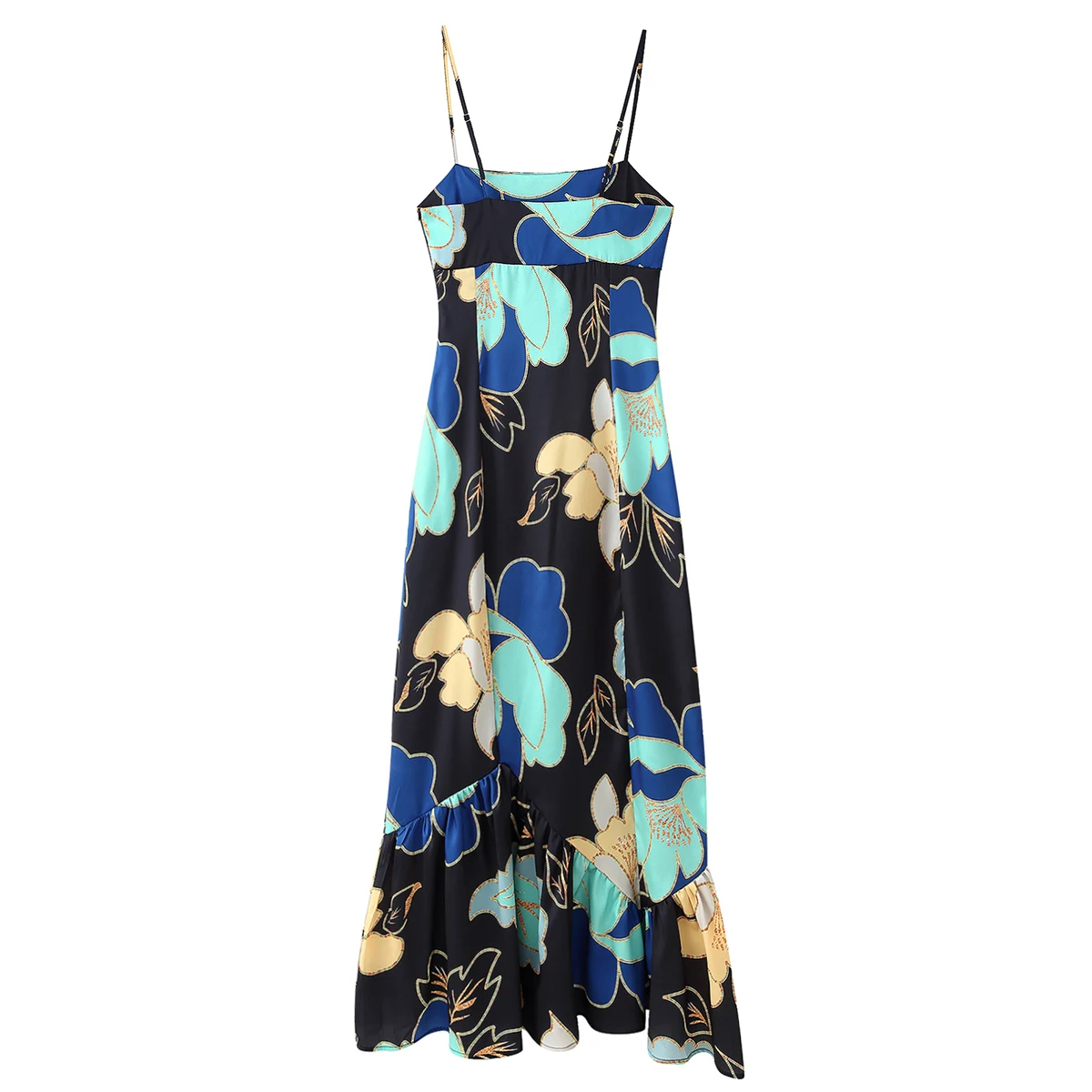 ZBZA Spring New Women's Faion Design Satin Print Dr Ele High Waist Svel Polyester Mid-Length Gown Summer Dr