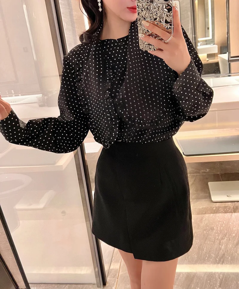 Korean style women's shirt with fashionable and elegant temperament, polka dot printed ribbon long sleeved silk shirt