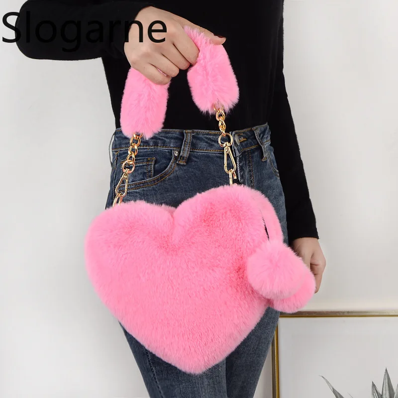 Damenhandtaschen aus Kunstkaninchenfell, Schultertaschen für Mädchen, herzförmige, flauschige Umhängetasche mit Kette, Handytasche, Fell-Geldbörsen, pelzige Geldbörse