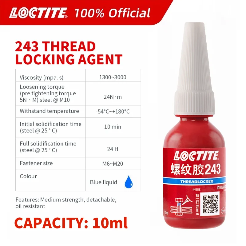 100% Originele Loctite 243 Schroefdraadborgmiddel Schroeflijm Blauw Medium Sterkte Anaerobe Lijm Schroef Fixer 10 ml/50 ml/250 ml