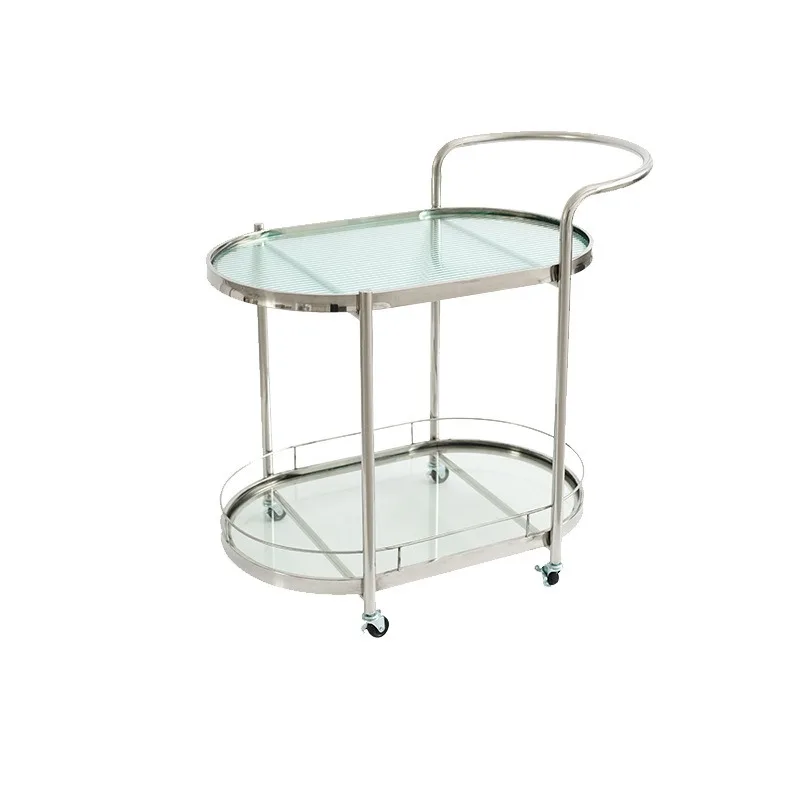 

Oval side table Stainless steel double-layer cart Coffee table mobile with wheels Afternoon tea glass table