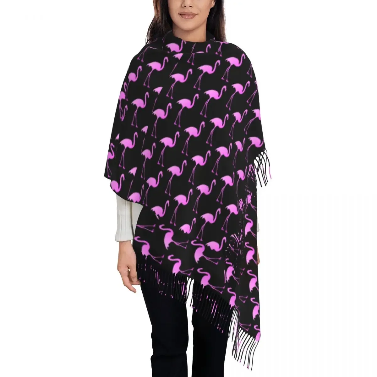 Birds Print Scarf Men Women Pink Flamingo Large Scarves with Long Tassel Winter Casual Shawls and Wraps Outdoor Printed Foulard